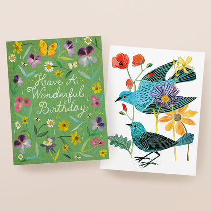 A collage of six colorful illustrated greeting cards featuring books, a tiger with balloons, boots with flowers, a bird, the Eiffel Tower, and a goose carrying birthday gifts.