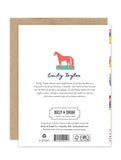 Greeting card back features a red illustrated hedgehog above the name “Biely & Shoaf.” Below is a short artist bio. Eco-friendly card and A2 Luxe Collection logos plus barcode appear at the bottom.