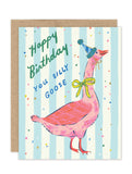 The Silly Goose Birthday Card by Biely & Shoaf features an Emily Taylor pink goose in a blue party hat and green bow, with confetti, and the message "Happy Birthday You Silly Goose" on a blue and white striped gold foil card.