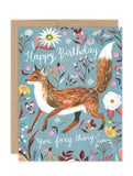 The Biely & Shoaf Foxy Thing Luxe Birthday Card features a charming fox among colorful flowers, gold foil accents, and “Happy Birthday! You foxy thing!” in white cursive on blue. Perfect for sending stylish birthday wishes.