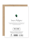 The back of the Spring Chicken Luxe Birthday Card by Biely & Shoaf features a green balloon illustration, handwritten "Louise Mulgrew," and information about its design, eco certifications, and the Biely & Shoaf brand.