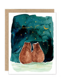 Two bears sit together beneath a starry night and crescent moon on the Bears I Treasure You - Luxe Anniversary Card by Biely & Shoaf, with “I love you” in cursive above them; a charming, eco-friendly A2 greeting in watercolor style.