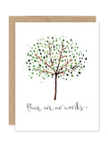 The No Words Luxe Sympathy Card by Biely & Shoaf features a watercolor leafy tree on white, gold foil "there are no words," and comes with a brown envelope. This eco-friendly A2 card adds meaning to heartfelt messages.