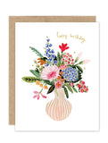 The Biely & Shoaf Vase Of Flowers Luxe Birthday Card features a gold-foiled "Happy birthday" script with colorful flowers and greenery. This eco-friendly A2 card comes from the Luxe Collection and includes a brown envelope.
