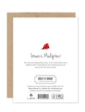 The back of the Ladybug Luxe Birthday Card by Biely & Shoaf shows a ladybug drawing, Louise Mulgrew’s signature, design inspiration, plus recycling, FSC, compostable icons and Biely & Shoaf branding for an eco-friendly touch.