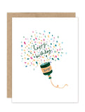 The Party Popper Luxe Birthday Card by Biely & Shoaf features a champagne bottle bursting with confetti and "happy birthday" in cursive, gold foil accents, and a "honey" label—perfect for standout A2 greetings.