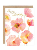 The Wind Swept Blossoms Luxe Birthday Card by Biely & Shoaf features watercolor pink and orange flowers, gold foil "Happy Birthday" in cursive, and comes eco-friendly with a brown envelope.