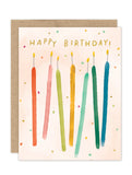 The Candles Luxe Birthday Card by Biely & Shoaf features six colorful, lit candles, confetti dots, and "HAPPY BIRTHDAY!" in gold foil—an eco-friendly, festive, and elegant A2 card from the Luxe Collection.