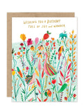 The Menagerie Luxe Birthday Card by Biely & Shoaf features vibrant birds, animals, and wildflowers with gold foil accents. Front text: "Wishing you a birthday full of joy and wonder." Includes brown envelope. A2 size.