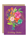 The Swirling Bouquet Luxe Birthday Card by Biely & Shoaf features a vibrant bouquet on a purple, star-studded background with “Birthday Wishes” in gold foil and includes a brown envelope—perfect for eco-friendly stationery fans.
