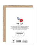 The back of the Bright Bouquet Luxe Birthday Card features a red and blue flower, Biely & Shoaf's logo, Misha Zadeh’s logo and bio, plus eco-friendly stationery details and certifications at the bottom.