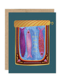 The Biely & Shoaf Sardines Luxe Birthday Card features a tin can with three colorful fish on blue, the lid partly open to reveal "A BIRTHDAY FISH FOR YOU" in gold. Part of our eco-friendly A2 Luxe Collection, includes a brown envelope.