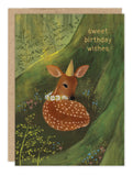 The Little Deer Birthday Card by Biely & Shoaf features a fawn with a party hat in the forest. Gold foil details.