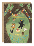 Biely & Shoaf’s Forest Celebration Birthday Card: woodland animals in party hats dance by cake on Darla Okada art.