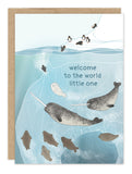 Narwhal Welcome Baby Card by Biely & Shoaf: Narwhals, seals & penguins say "welcome" on an icy adventure.