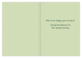 Fox Welcome Baby Card by Biely & Shoaf: Green card with illustration, reads "We’re so happy you’re here! Congrats!.
