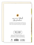 The back cover of the Greenhouse Garden Party Birthday Card by Biely & Shoaf features a small yellow flower, handwritten emma block illustration, a brief artist bio, Biely & Shoaf branding, and product plus recycled paper details at the bottom.