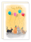 The Party Cats Birthday Card by Biely & Shoaf features four cats in party hats with balloons and confetti on a yellow background, Happy birthday at the top, and is printed on FSC-certified recycled paper.