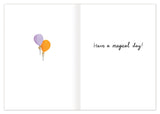 The Fairies Birthday Card by Biely & Shoaf features an open gold foil design with purple and orange balloons and the handwritten message "Have a magical day!" inside. Printed on FSC-certified recycled paper.