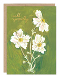 The Biely & Shoaf Emerald Bouquet Sympathy Card features three white flowers with yellow centers on green stems against a green background, with "with sympathy" in gold foil cursive at the top left corner.