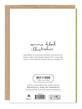 The back of the Emerald Bouquet Sympathy Card by Biely & Shoaf displays a handwritten-style Emma Block illustration, artist bio, subtle gold foil accents, eco-friendly printing info, and the Biely & Shoaf logo on a white background.