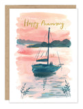 Biely & Shoaf Sailboat Anniversary Card: watercolors, leafy details, and “Happy Anniversary” on recycled paper.