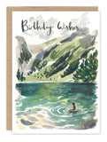 Lake Adventure Birthday Card by Biely & Shoaf with birthday wishes and a swimmer amid mountains, lake, and trees.