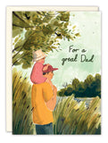 The Landscape Father's Day Card by Biely & Shoaf features Emma Block's illustration of a man carrying a child on his shoulders through grassy woods, with text For a great Dad—perfect for celebrating Father's Day.