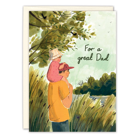 The Landscape Father's Day Card by Biely & Shoaf features Emma Block’s illustration of a dad carrying a child through tall grass by a river, with trees and birds. Text: For a great Dad. Printed in the USA.