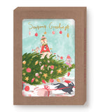 Kids and cat decorate a Christmas tree; gold foil with “Season’s Greetings.” Biely & Shoaf Cats Christmas Mischief set.