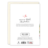 The back of Cats Christmas Mischief Boxed Holiday Cards features artist Emma Block’s bio, a small pink bird illustration, and Biely & Shoaf, USA printing, and recycled paper logos; an envelope is partially visible behind the card.