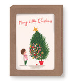 A child in stripes by a tree with “Merry Little Christmas”—Biely & Shoaf card set featuring Emma Block art.