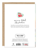 Back of Santa In Flight card features Emma Block art, artist bio, and Biely & Shoaf details on recycled paper.