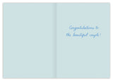 The Biely & Shoaf Champagne Tower Happy Wedding Card features an open light blue design with Congratulations to the beautiful couple! in blue cursive on the right; left side is blank. Printed on FSC-certified recycled paper.