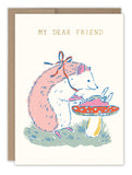 The My Dear Friend Hedgehog Friendship Card by Biely & Shoaf features a hedgehog with garden shears at a mushroom table and MY DEAR FRIEND in gold. Blank inside for your message. Illustration by Emily Taylor.