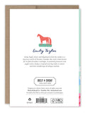 Back cover of the Rosy Wishes Birthday Card by Biely & Shoaf, with an Emily Taylor red horse illustration, artist bio, and publishing info. Printed on FSC-certified recycled paper.