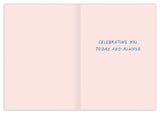 The Biely & Shoaf Charm Bracelet Birthday Card features an open design with a plain light pink recycled paper background. Blue text on the right says CELEBRATING YOU, TODAY AND ALWAYS. The left side is blank.