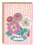 Teacup Beautiful Birthday Card by Biely & Shoaf: gold foil flowers in a teacup on pink stripes for birthdays.