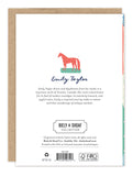 Back shows Emily Taylor’s red horse, artist bio, FSC paper & Biely & Shoaf logo on Quilt Thank You Card.