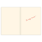 Biely & Shoaf Quilt Thank You Card: open card with cream pages, gold foil details, and "So very much!" in red cursive.