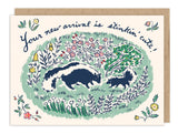 Biely & Shoaf Skunks Stinkin’ Cute New Baby Card with gold foil and “Your new arrival is stinkin cute!”.