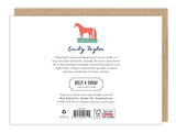 Card back features Biely & Shoaf logo, artist bio, eco icons, FSC recycled paper for Skunks Stinkin’ Cute New Baby Card.