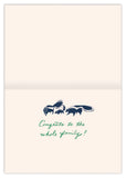 Biely & Shoaf Skunks Stinkin’ Cute New Baby Card: three skunks, green text, gold foil, FSC-certified paper.