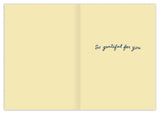 Biely & Shoaf Teacup Thank You Card features cursive “So grateful for you” on FSC-certified recycled yellow paper.