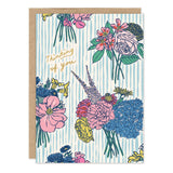 Biely & Shoaf Flower Bundles Sympathy Card with colorful flowers, gold foil text, and light blue stripes on recycled paper.
