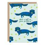 Have A Ball Weenie Birthday Card by Biely & Shoaf with blue dachshunds, on FSC-certified recycled paper.