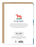 Back features red horse art, creator bio, & Biely & Shoaf branding on FSC recycled paper. Have A Ball Weenie Card.