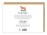 Back of card features a pink stork, artist bio, and Biely & Shoaf logo on white.