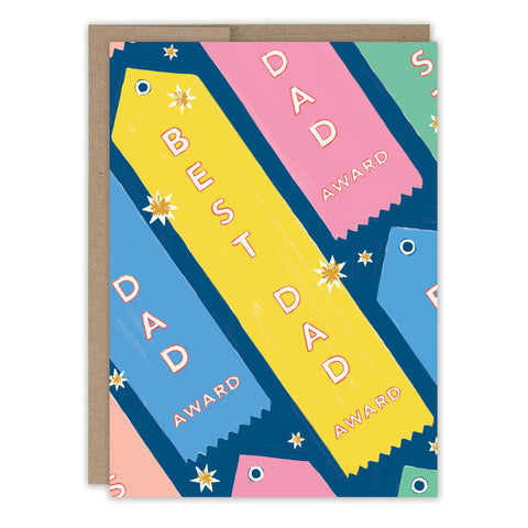 The Ribbons Best Dad Award Father's Day Card by Biely & Shoaf features colorful award ribbons with "BEST DAD AWARD" and "DAD AWARD" in bold on blue, yellow, pink, and green backgrounds, proudly printed in the USA.