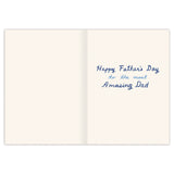 The Ribbons Best Dad Award Father's Day Card by Biely & Shoaf, illustrated by Emily Taylor and printed in the USA, features a blue handwritten "Happy Fathers Day to the most Amazing Dad" inside right; left side blank.